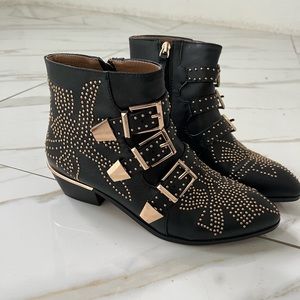 Black Leather Studded Buckle Ankle Boots